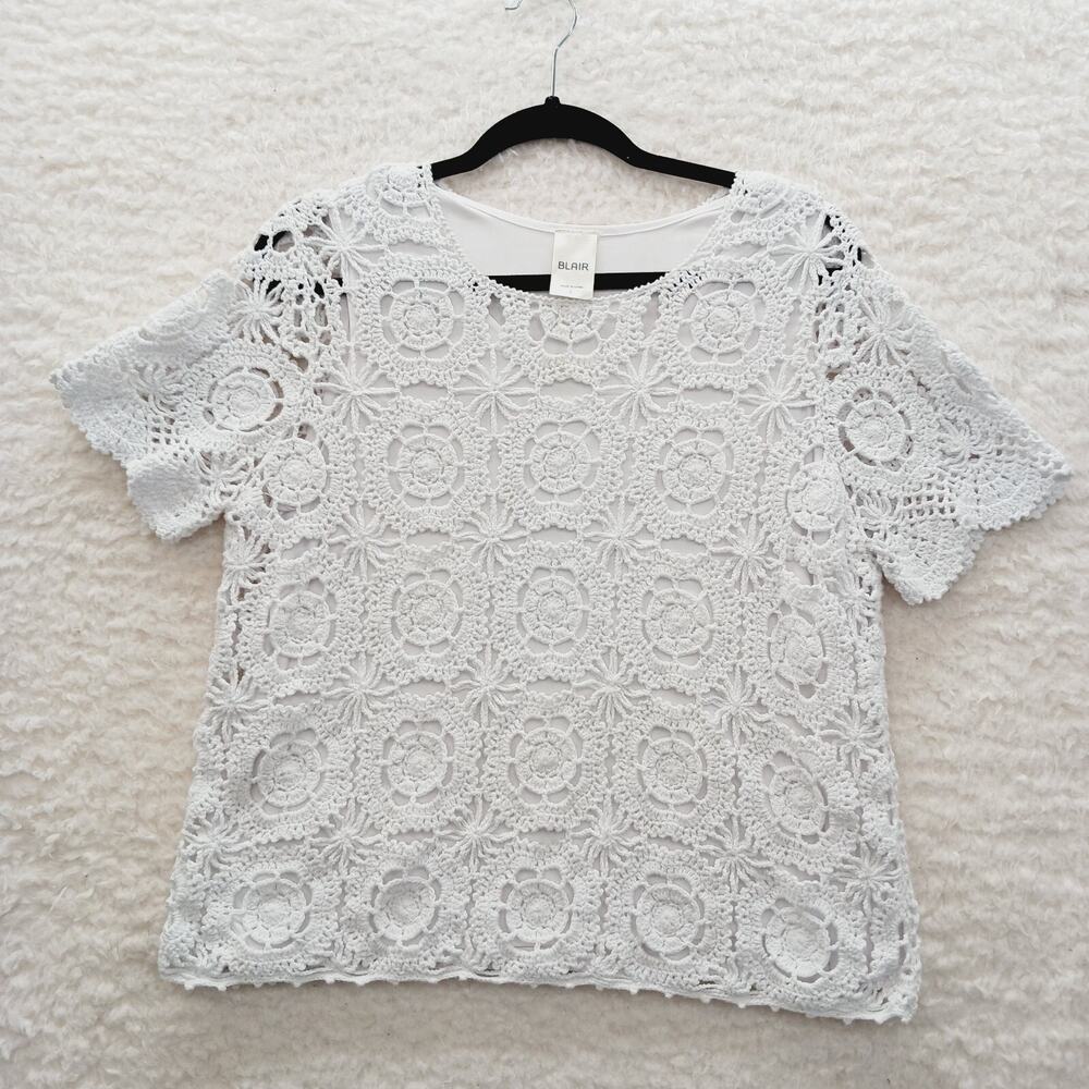 Blouse White Crochet Whimsy Coastal Grandma Boho Cottagecore Chic Lined Size L